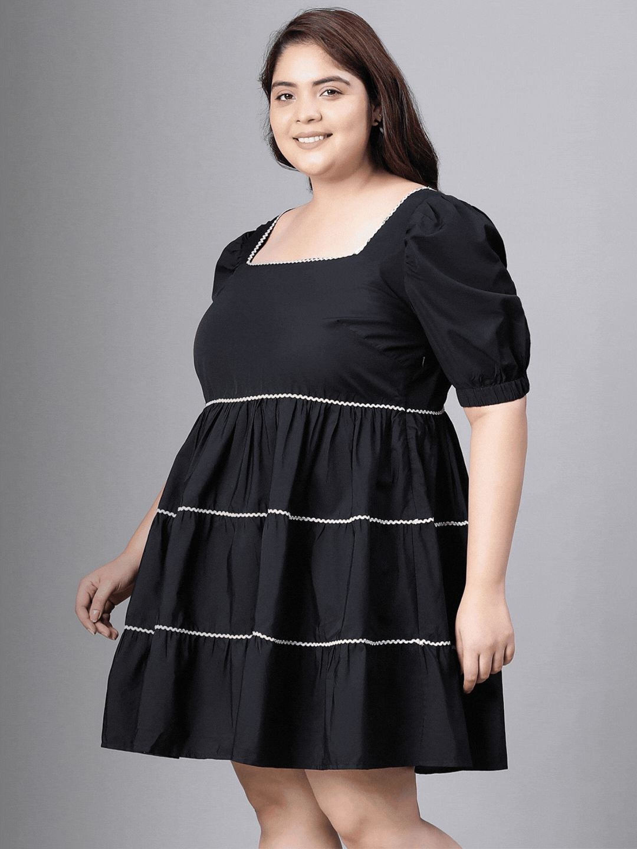 oxolloxo women's plus size black cotton tiered dress with square neck and puffed sleeves
