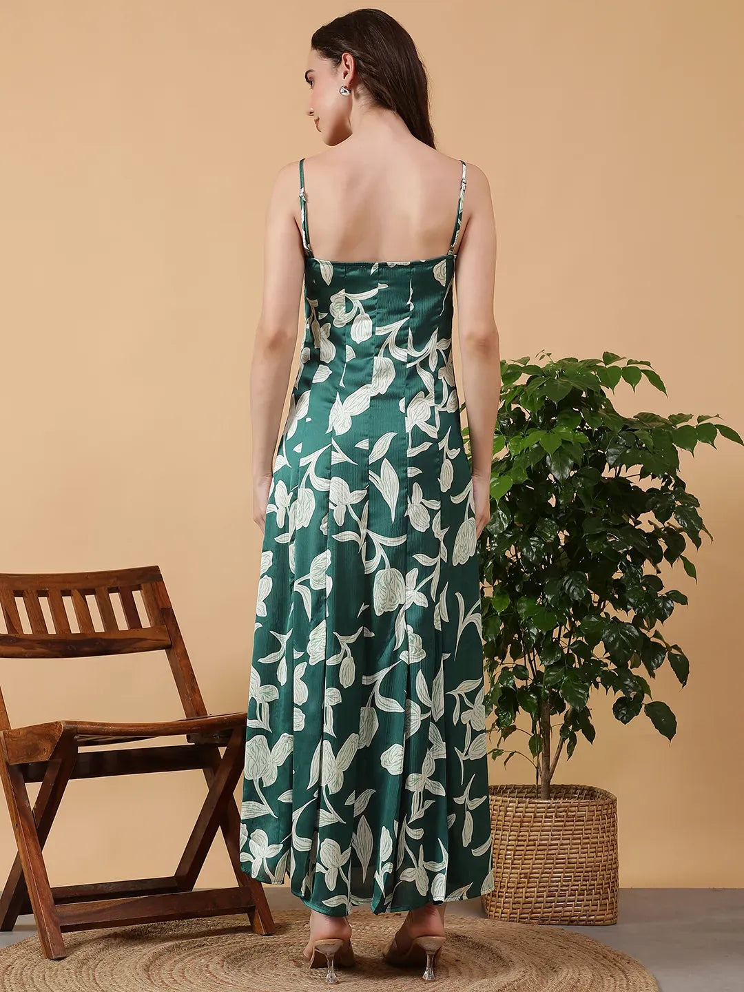 oxolloxo women's green floral print polyester satin maxi dress with adjustable straps and square neck