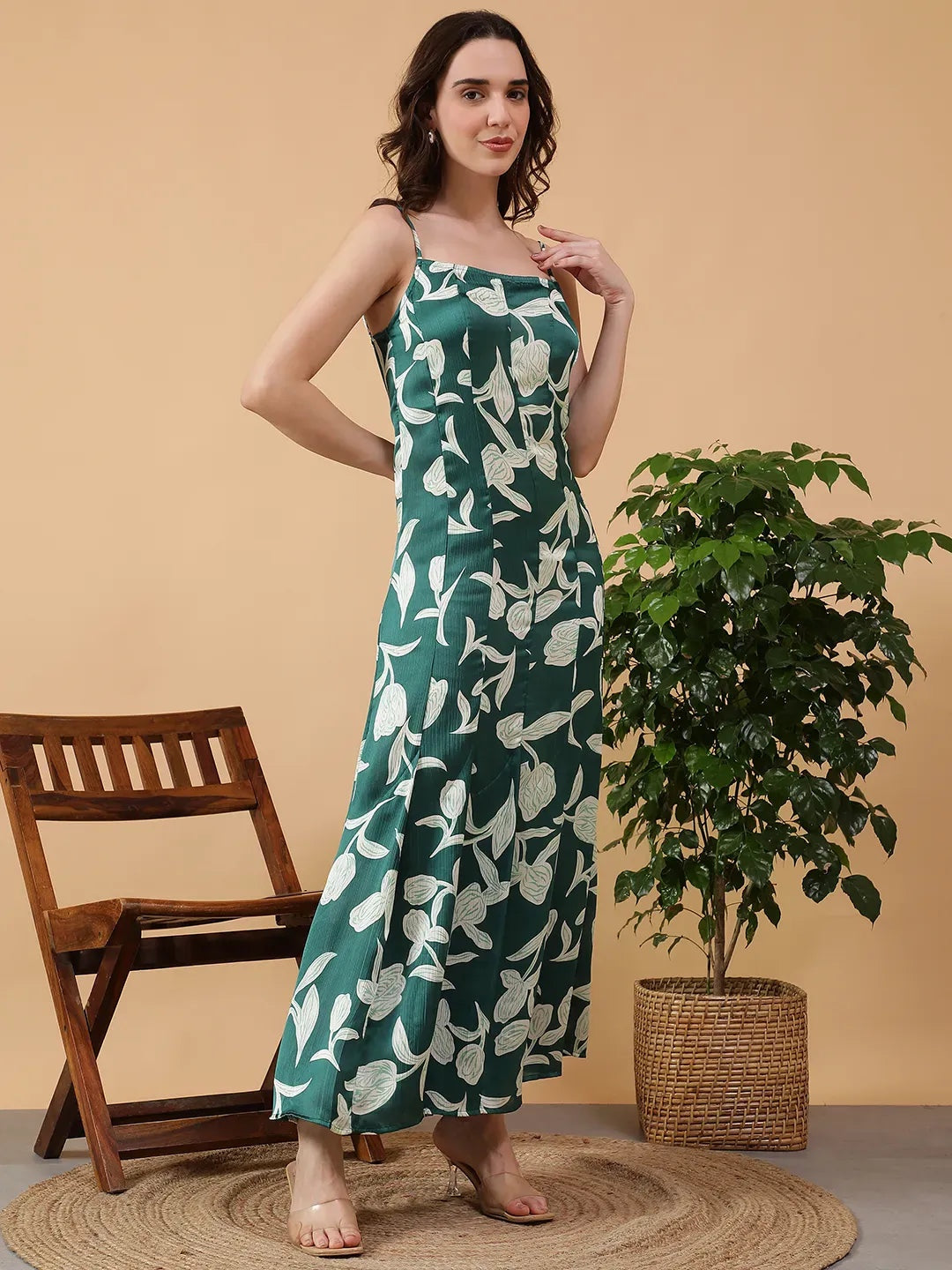 oxolloxo green floral print polyester satin maxi dress with square neck and adjustable straps