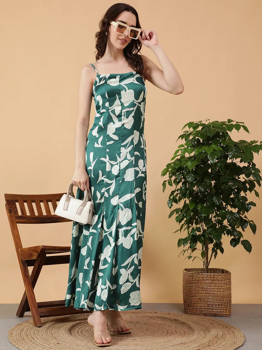 oxolloxo green floral print satin maxi dress with square neck and adjustable straps