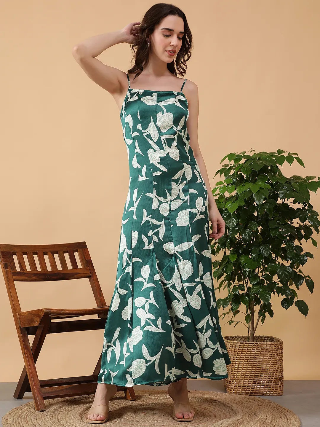 oxolloxo green floral print satin maxi dress with square neck and adjustable straps