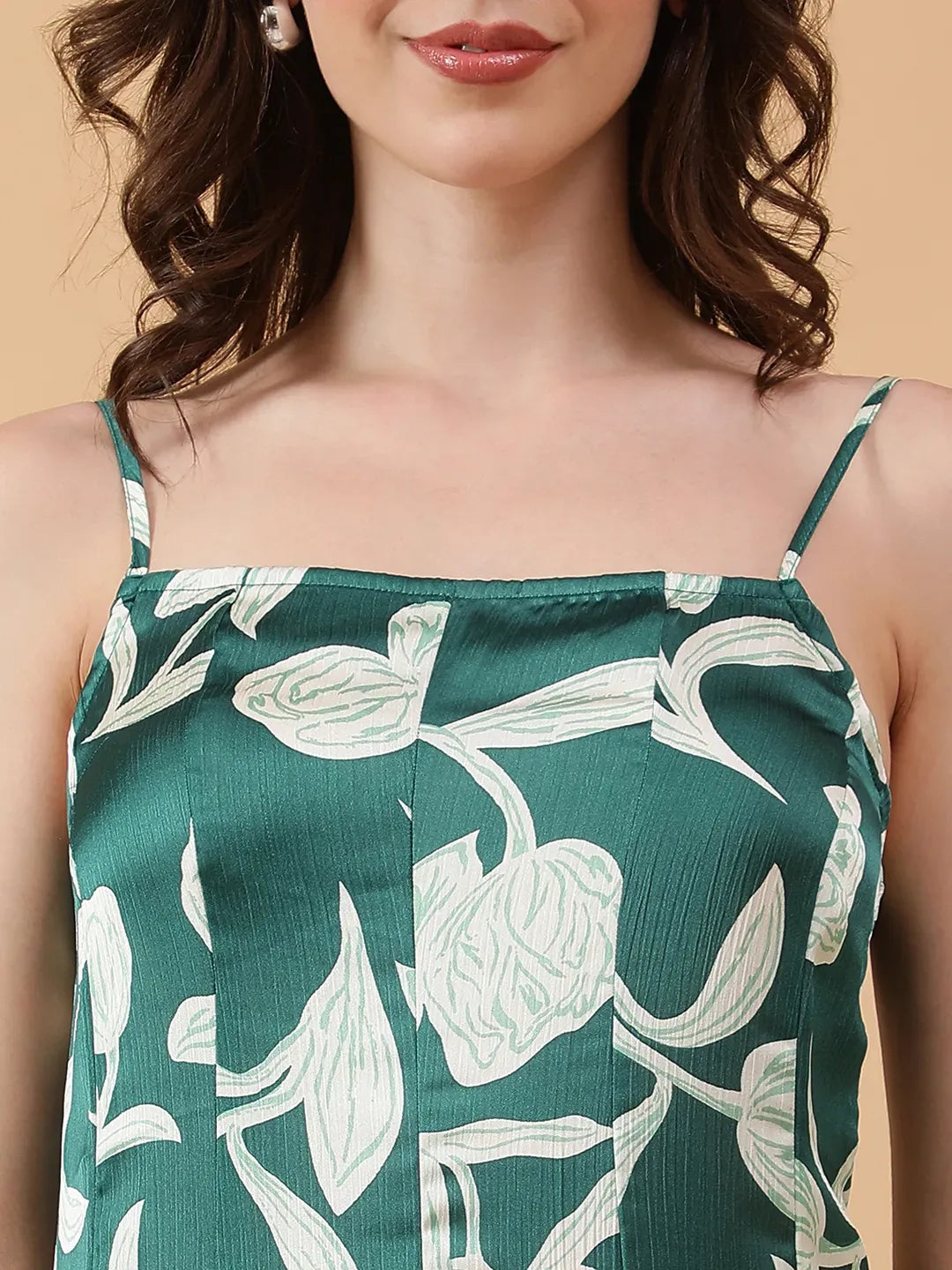 oxolloxo green floral print satin maxi dress with square neck and adjustable straps