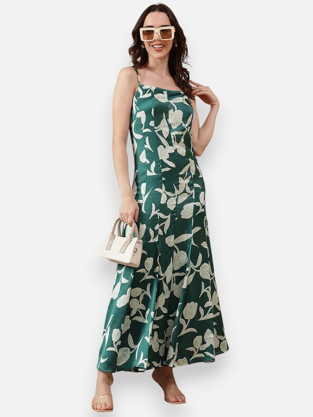 oxolloxo green floral print satin maxi dress with square neck and adjustable straps