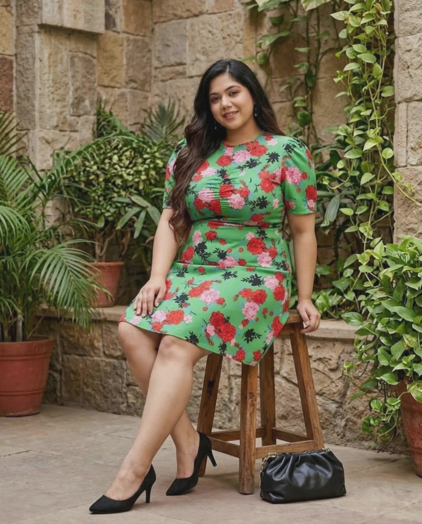 Plus Size Green Floral Printed Dress