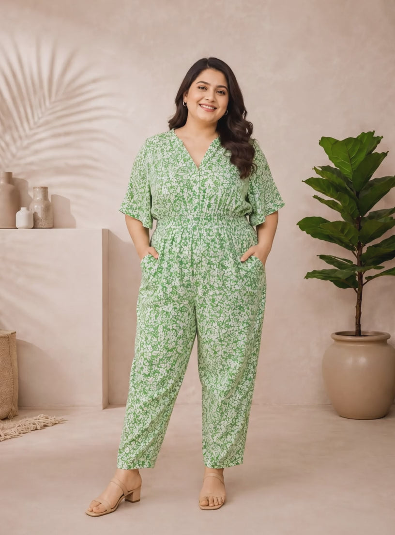 Plus Size Green Floral Print Jumsuit