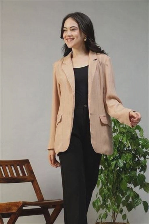 Women Beige Stripe Cotton Blazer