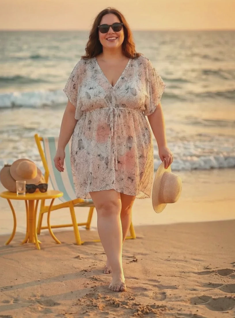 Women Plus Size White Floral Print Beachwear Kaftan Oxolloxo