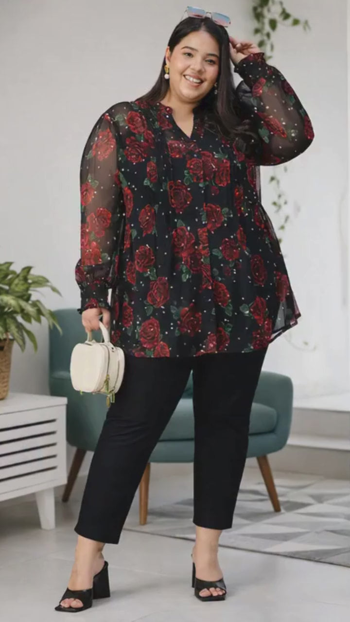 Plus Size Black Floral Print Top