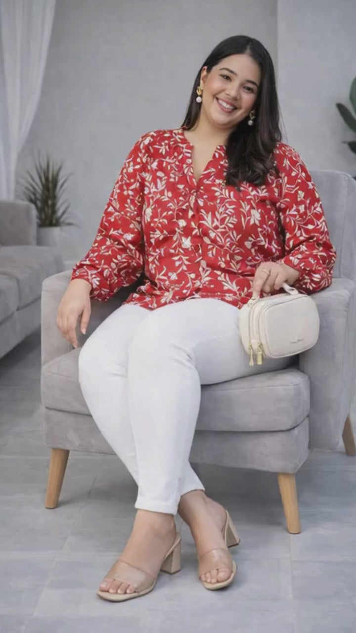 Plus Size Red Floral Print Viscose Top