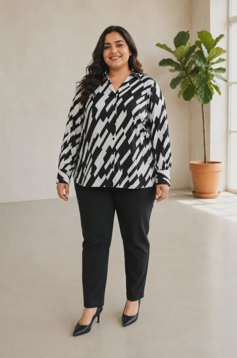 Plus Size Black Zig-Zag Print Shirt