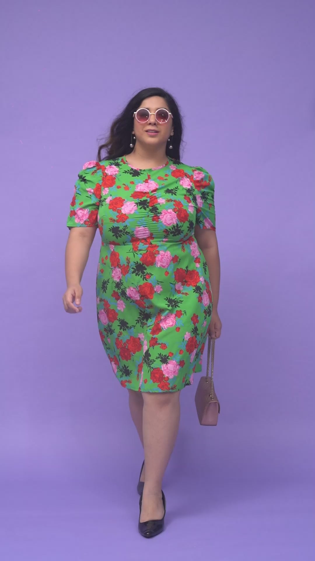 Plus Size Green Floral Printed Polyester Dress