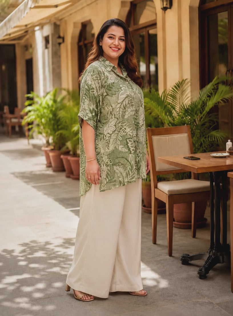 Plus Size Green Floral Print Oversized Shirt