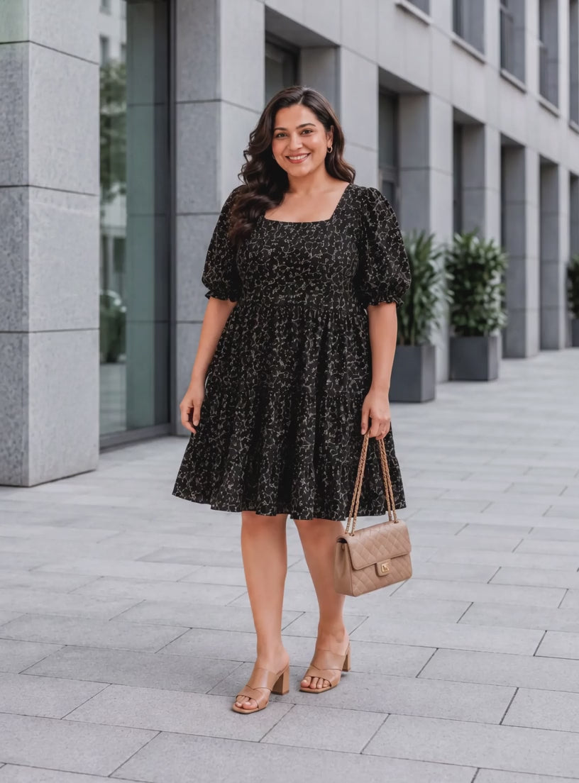 Plus Size Black Floral Print Dress
