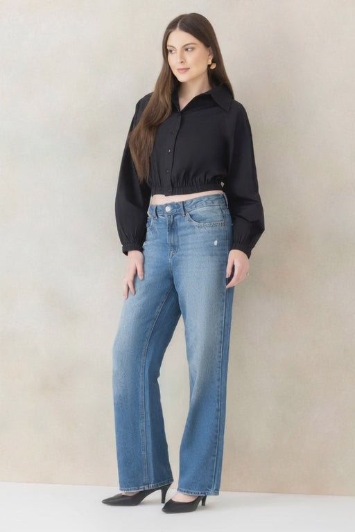 Black Cotton Crop Shirt