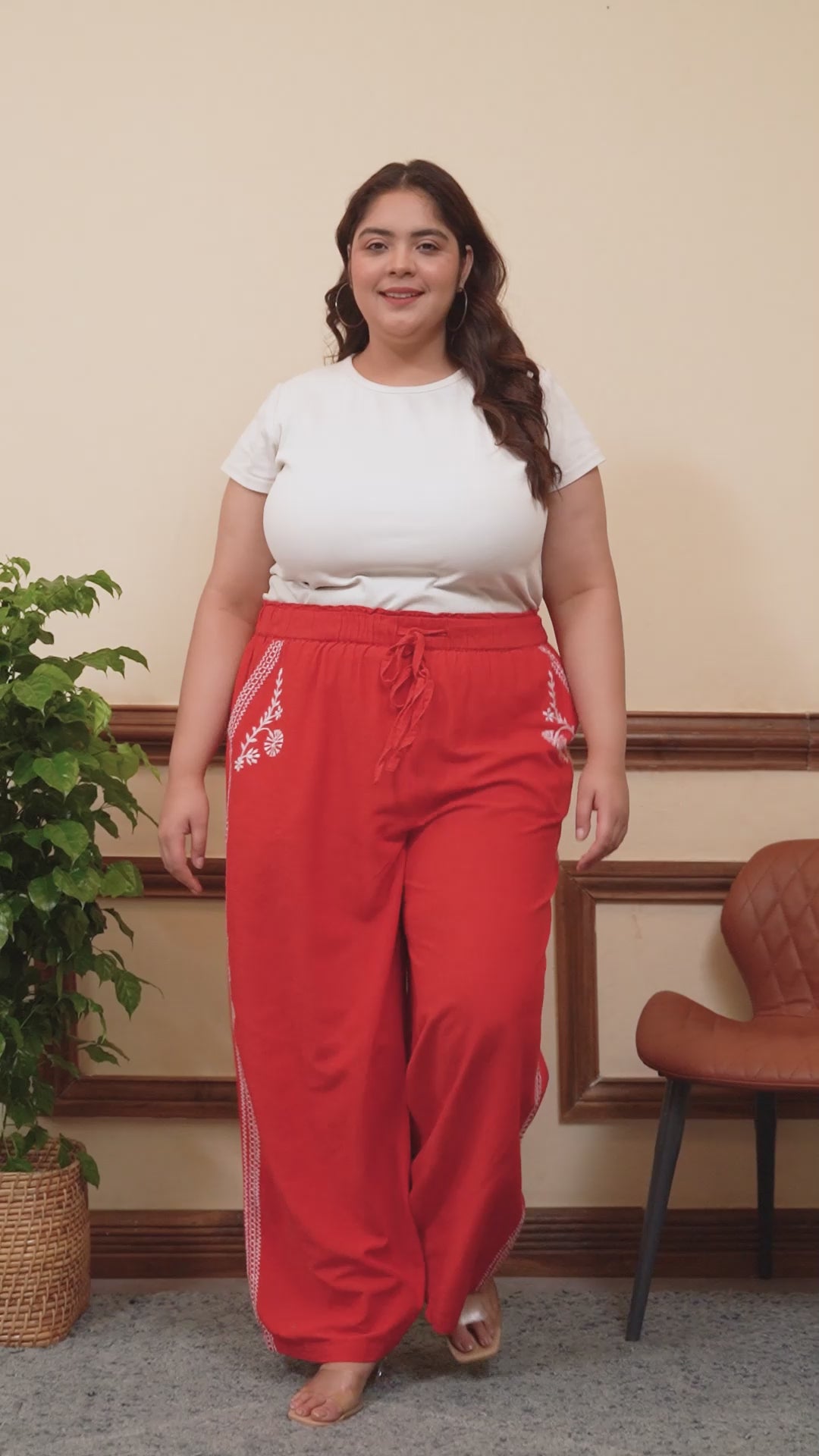 Plus Size Red Cotton Linen Pant