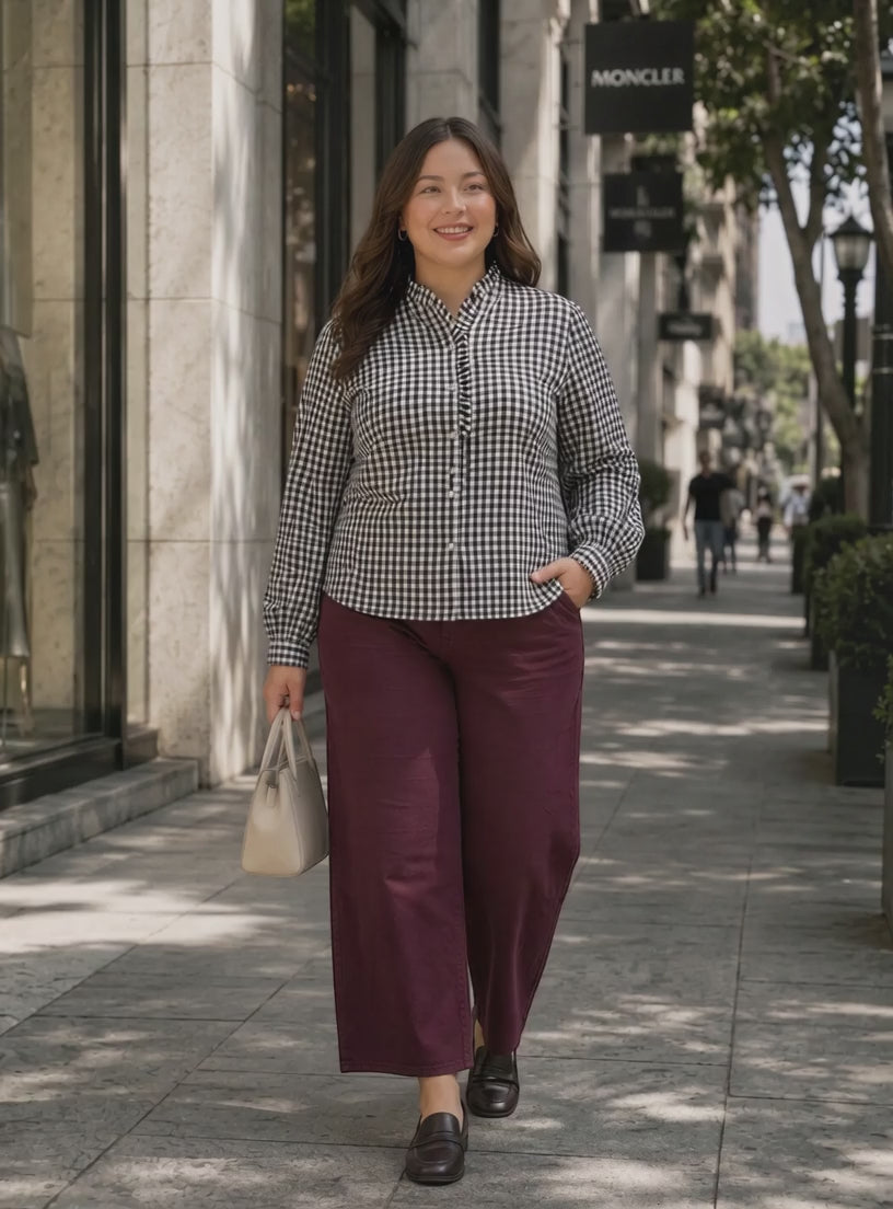 Plus Size Navy Blue Yarn-Dyed Check Cotton Dobby Shirt