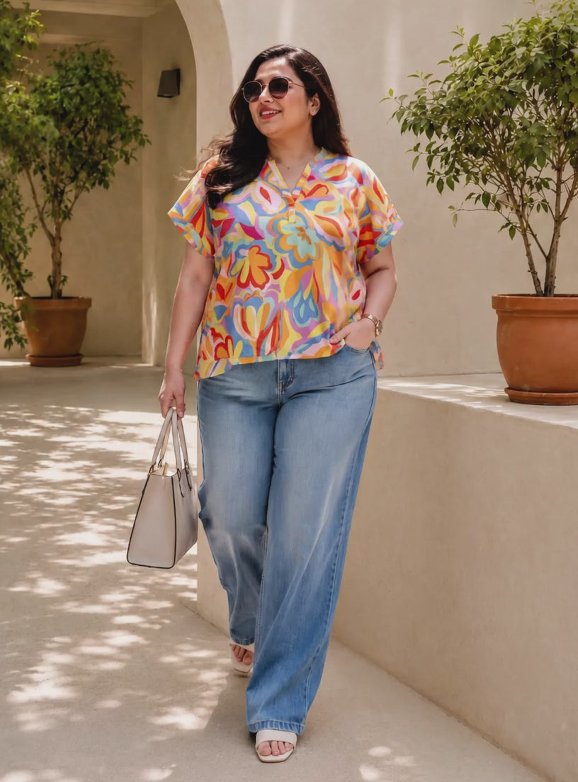 Women Plus Size Multicolor Floral Top
