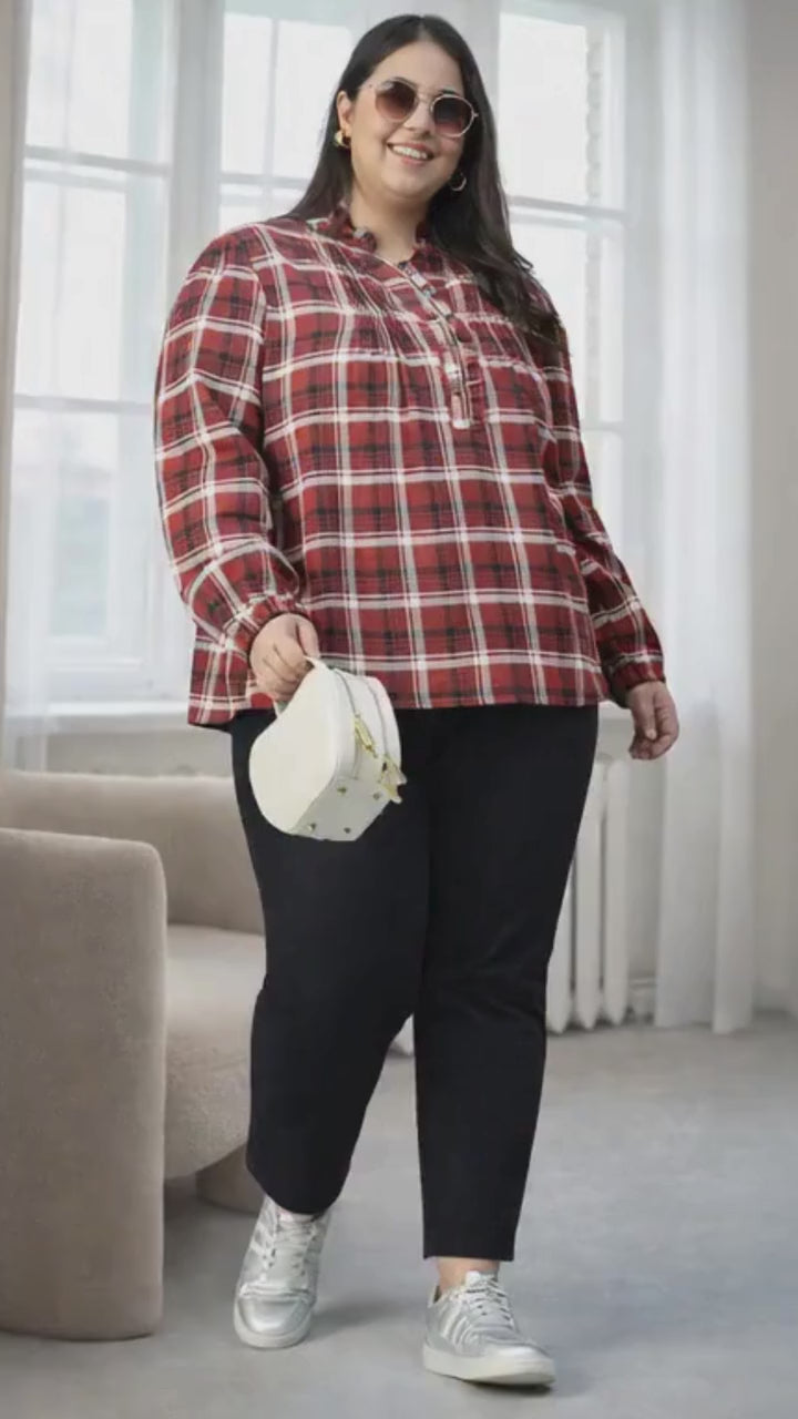 Plus Size Brown Check Print Cotton Top