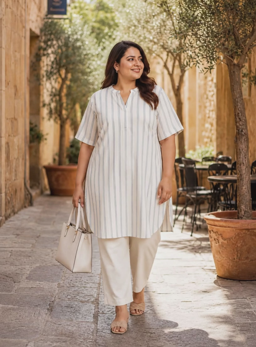 Plus Size Blue Stripe Print Cotton Tunic