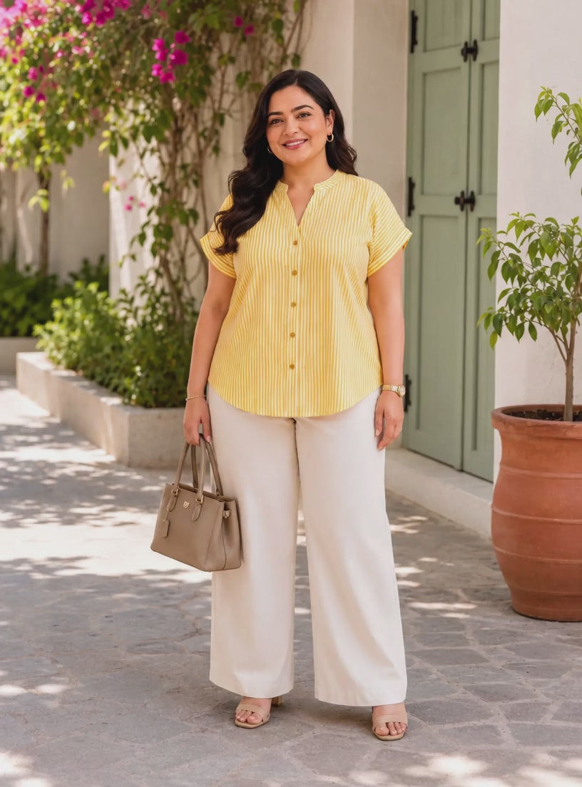 Women Plus Size Yellow Stripe Cotton Dobby Top
