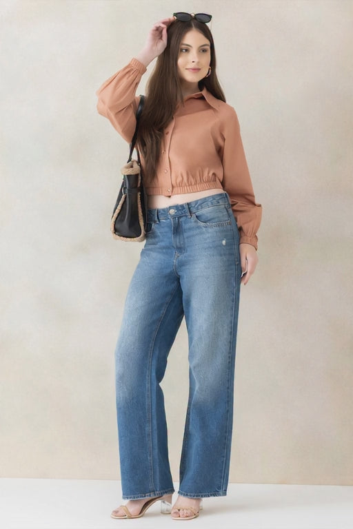 Women Light Brown Crop Shirt - Organic Cotton