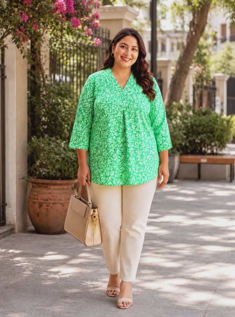 Women Plus Size Green Floral Print Top