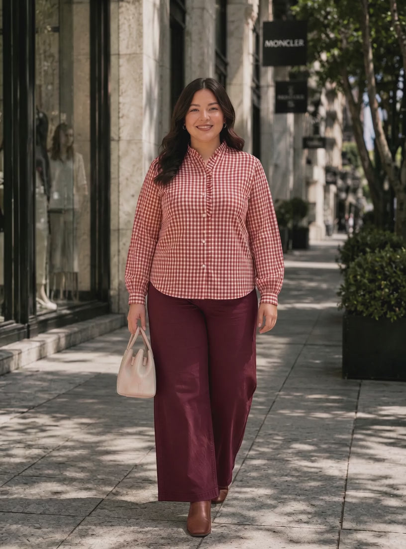 Plus Size Red Yarn-Dyed Check Cotton Dobby Shirt