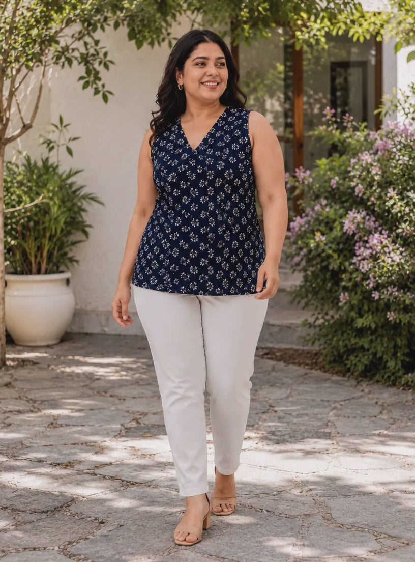 Women Plus Size Blue Floral Print Embroidery Cotton Top