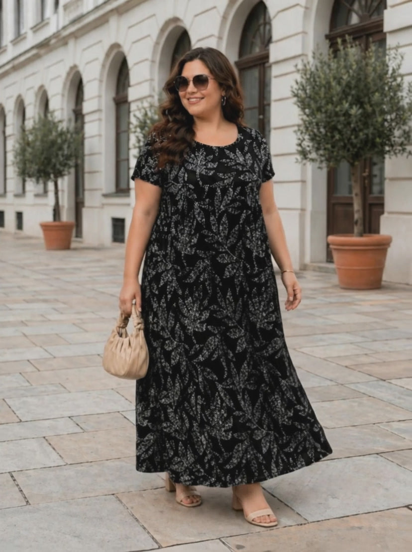 Plus Size Black Tropical Print Dress