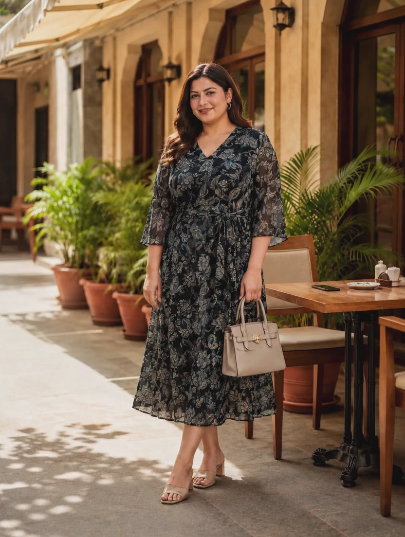 Plus Size Black Floral Print Dress