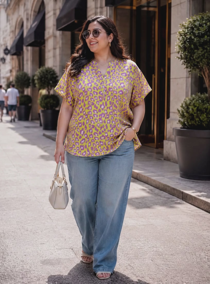 Women Plus Size Yellow Animal Print Top