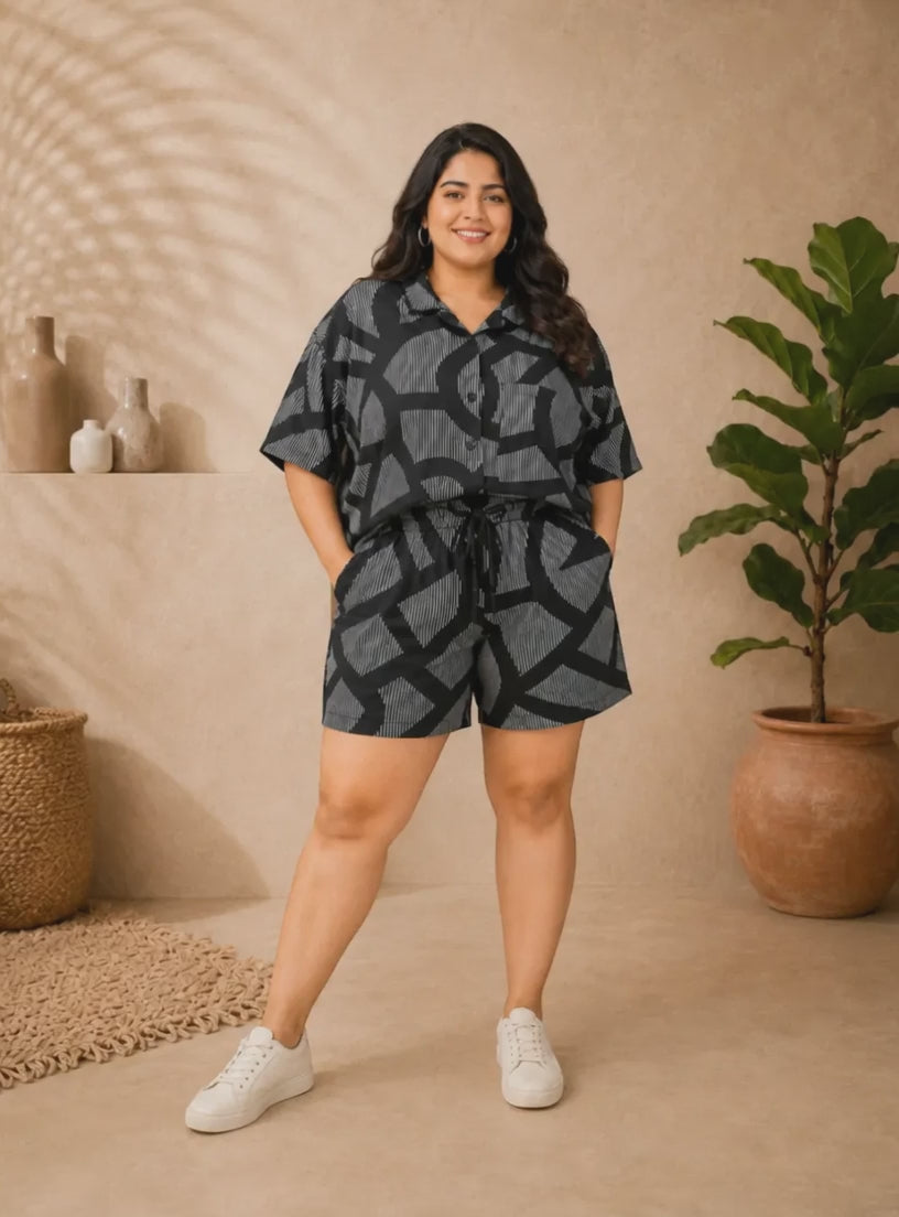 Women Plus Size Black Abstract Print Co-Ord Set