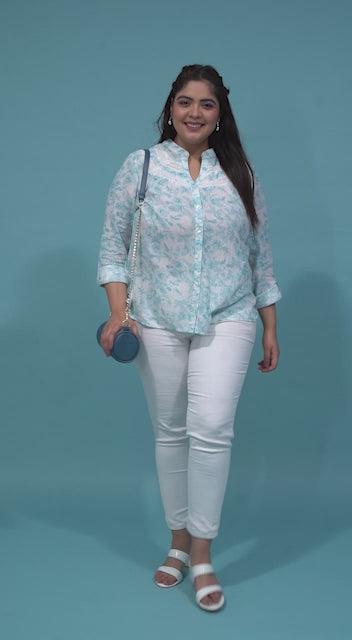 Plus Size Green Floral Print Cotton Shirt