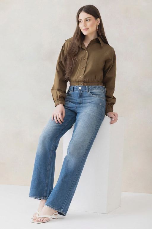 Olive Cotton Crop Shirt
