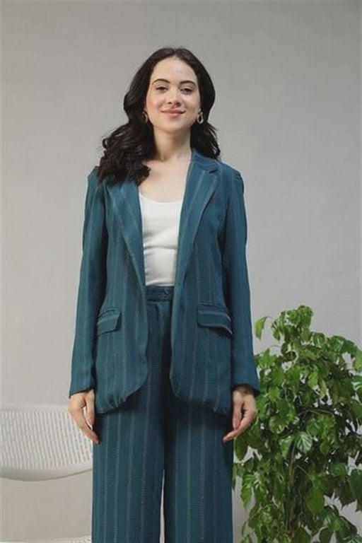 Women Teal Stripe Blazer