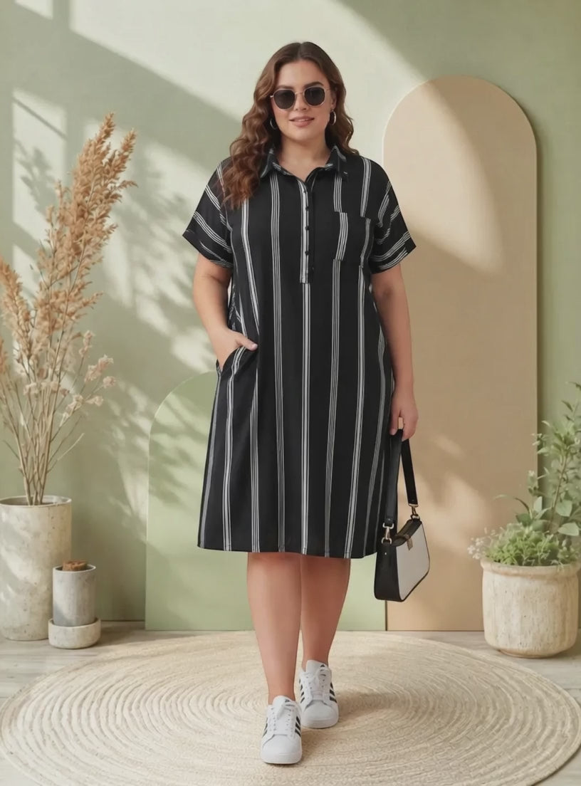 Women Plus Size Black Stripes Viscose Dress Oxolloxo