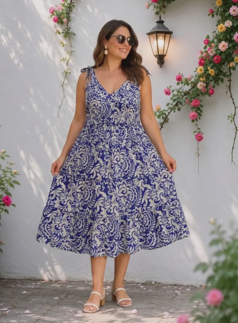 Women Plus Size Blue Floral Paisley Print Viscose Dress Oxolloxo