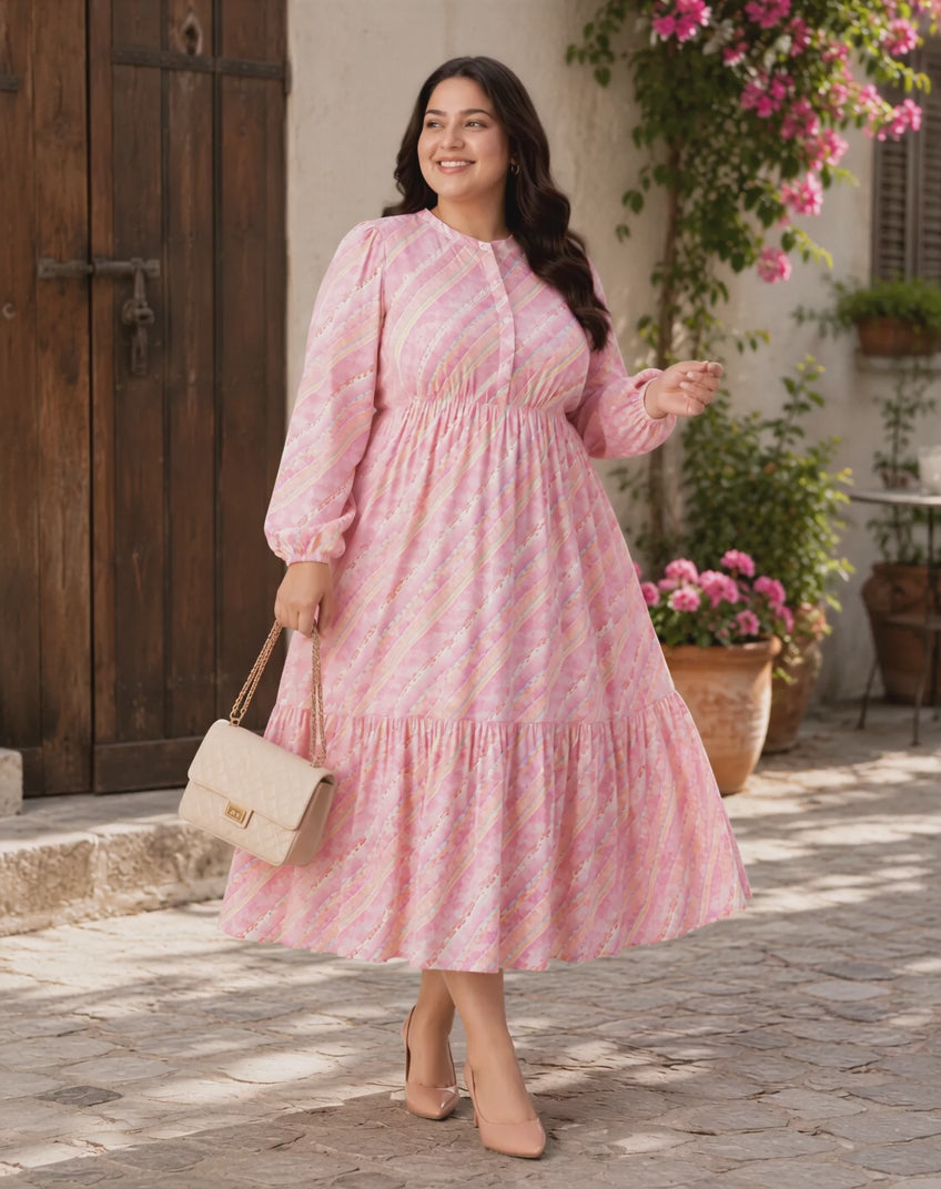 Plus Size Pink Georgette Stripe Print Dress