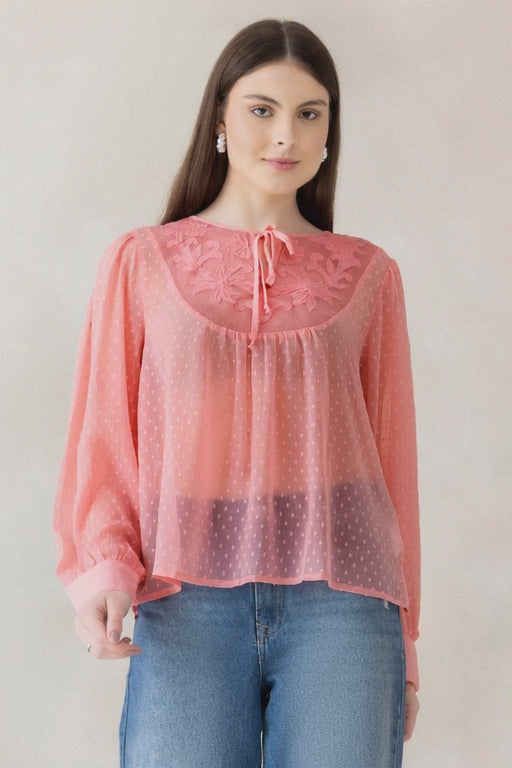 Peach Swiss Dot Embroidered Top