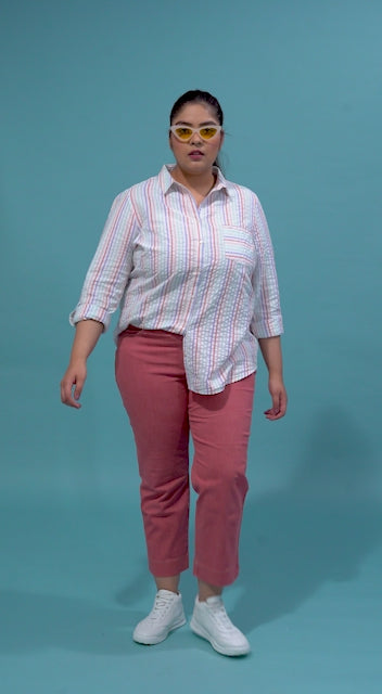 Plus Size Multicolor Stripe Print Cotton Shirt