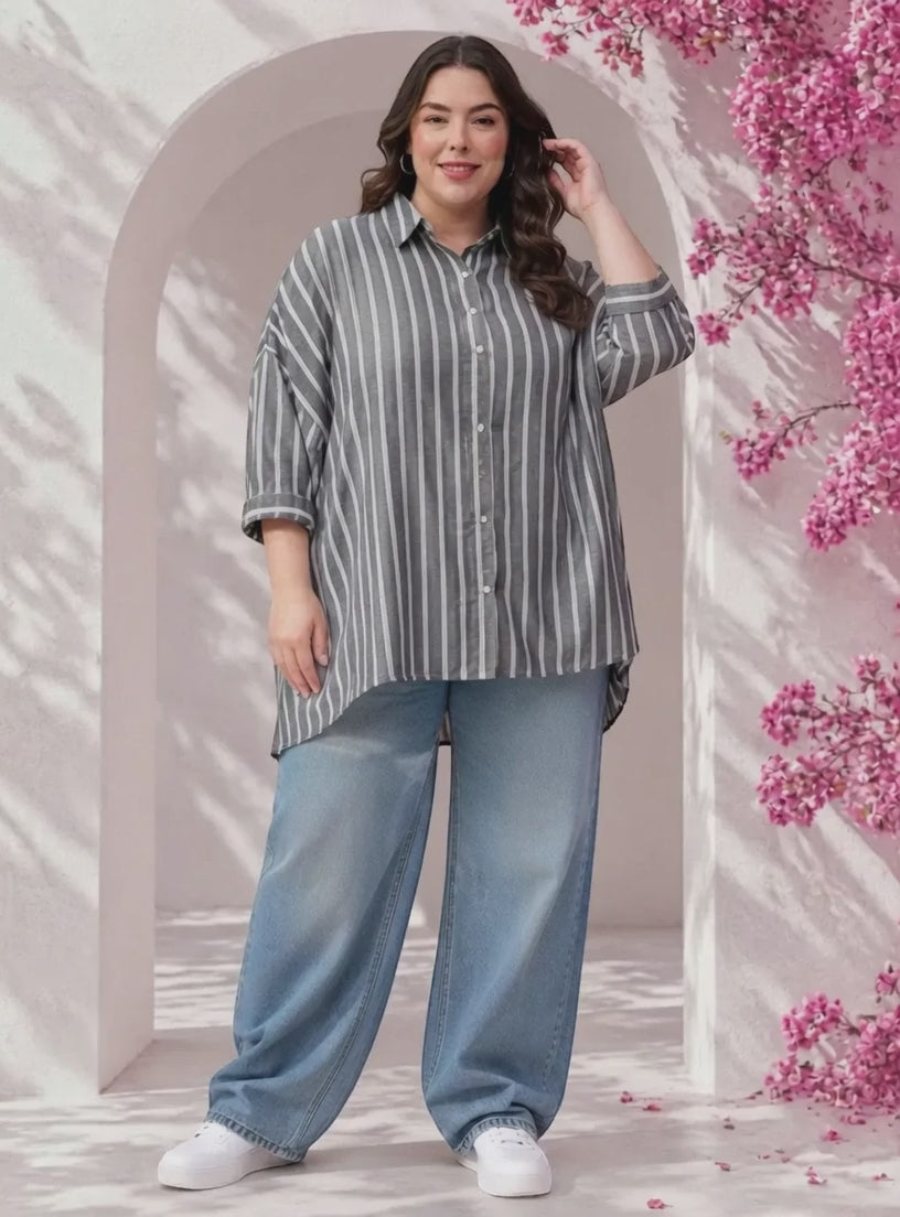 Women Plus Size Grey Stripe Cotton Shirt Oxolloxo
