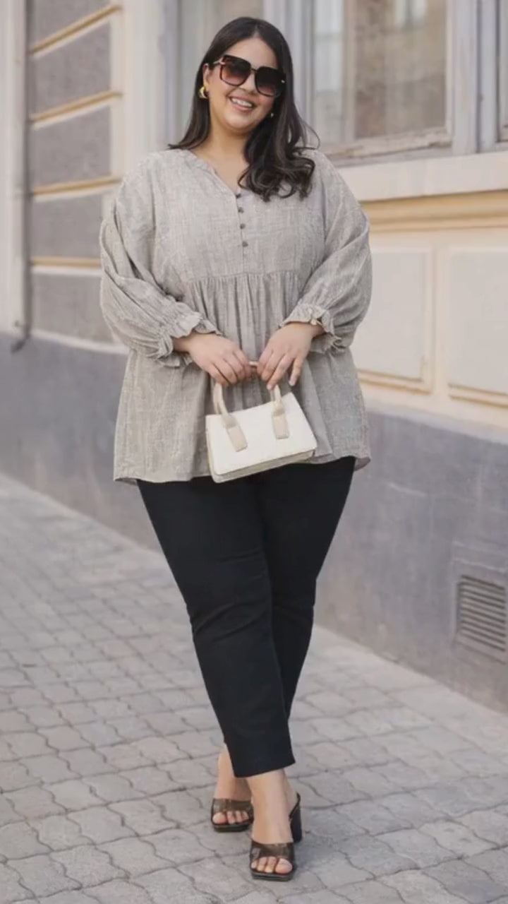 Plus Size Khaki Stripe Print Cotton Top