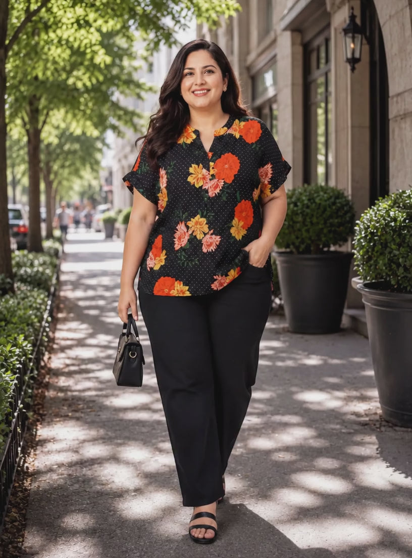 Women Plus Size Black Floral Print Top