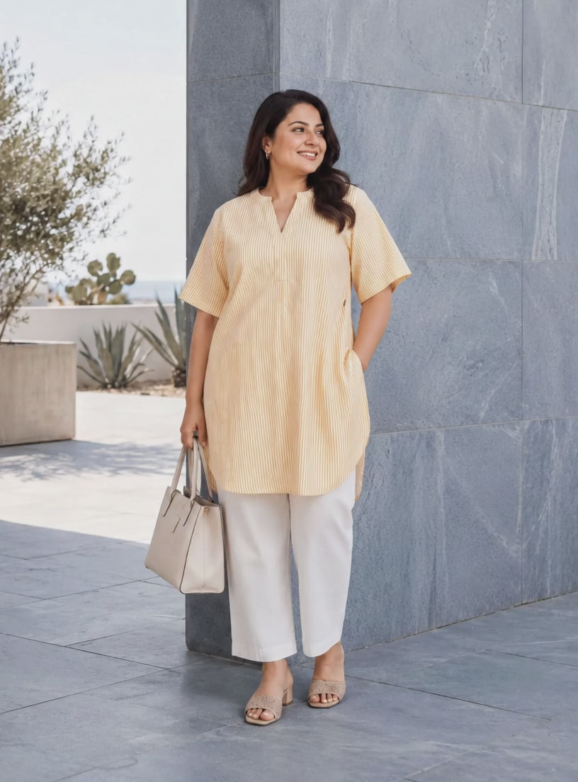 Plus Size Yellow Stripe Cotton Tunic