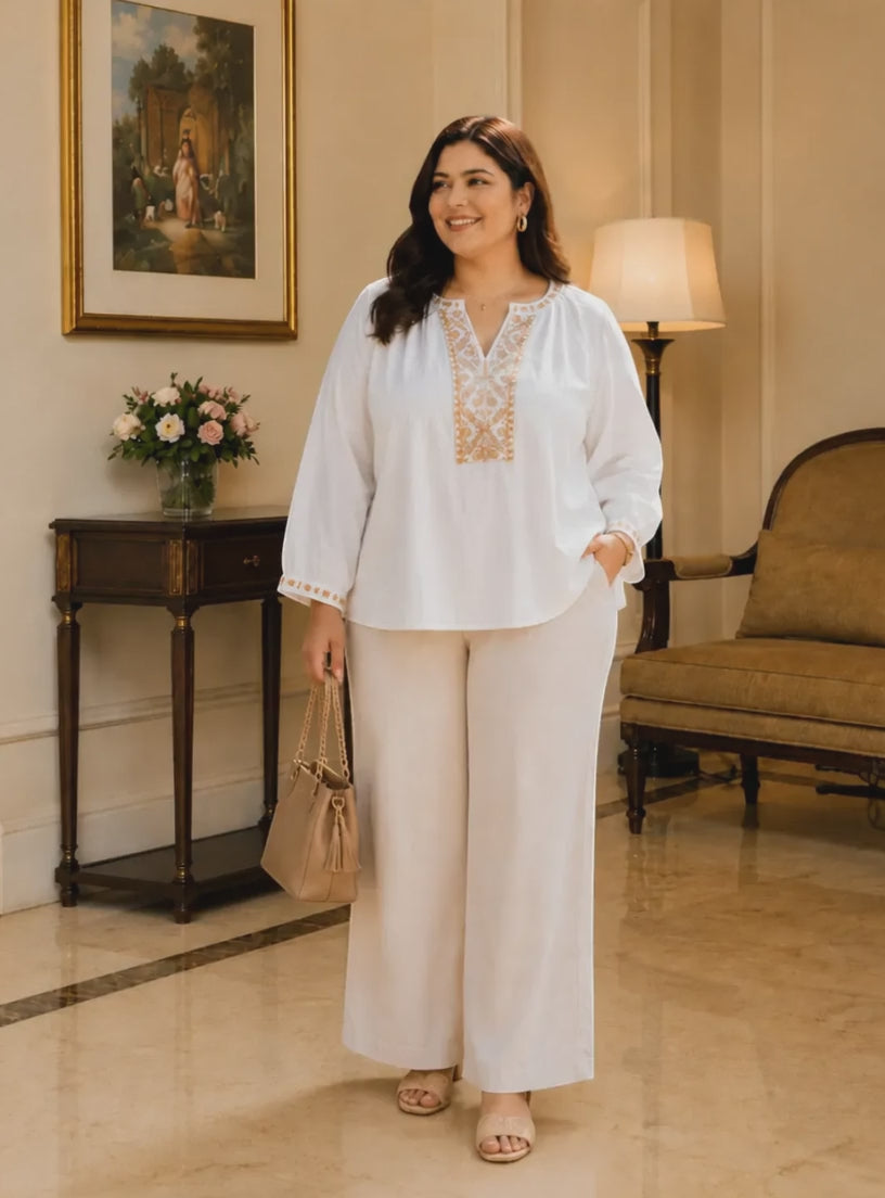 Women Plus Size White Embroidered Top