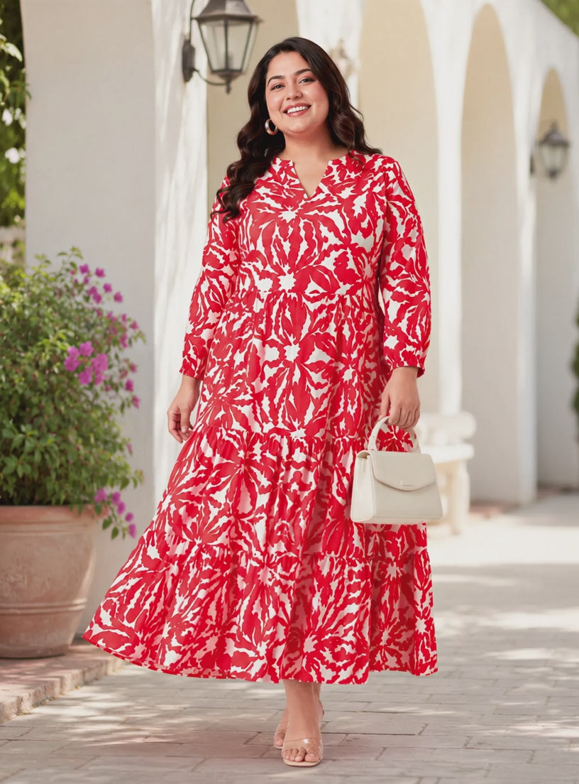 Plus Size Red Floral Print Dress