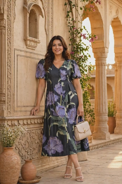 Blue Floral Print Cotton Linen Dress