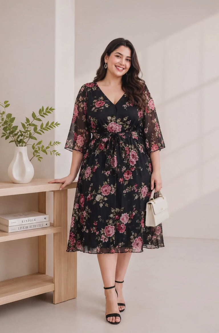 Plus Size Black Floral Print Dress