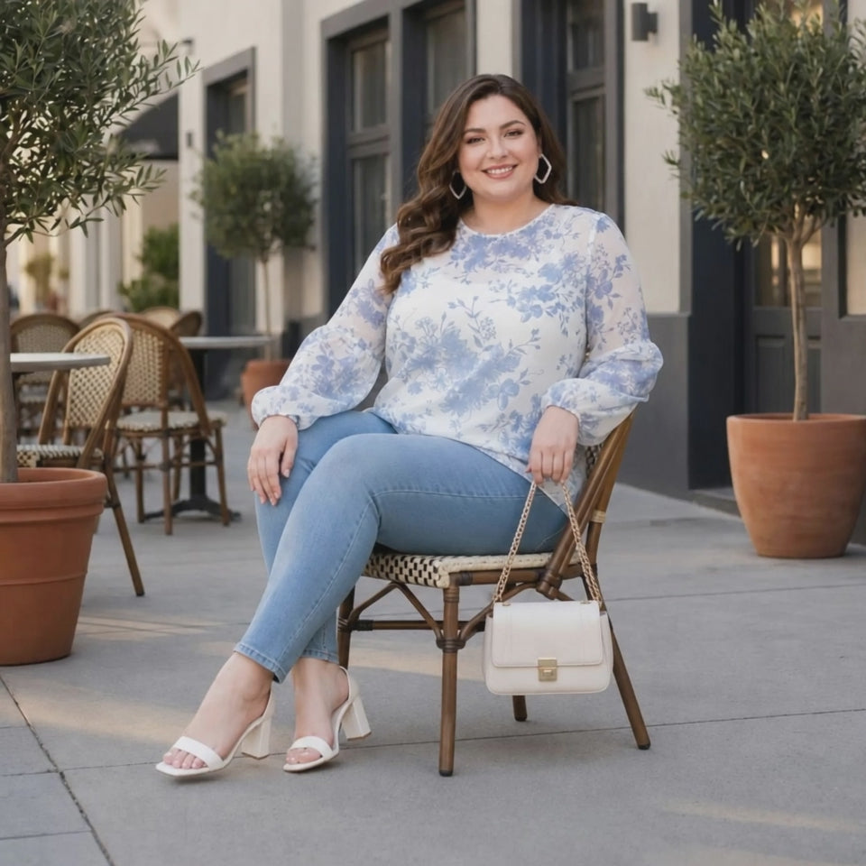 Plus Size Floral Print Blue Top