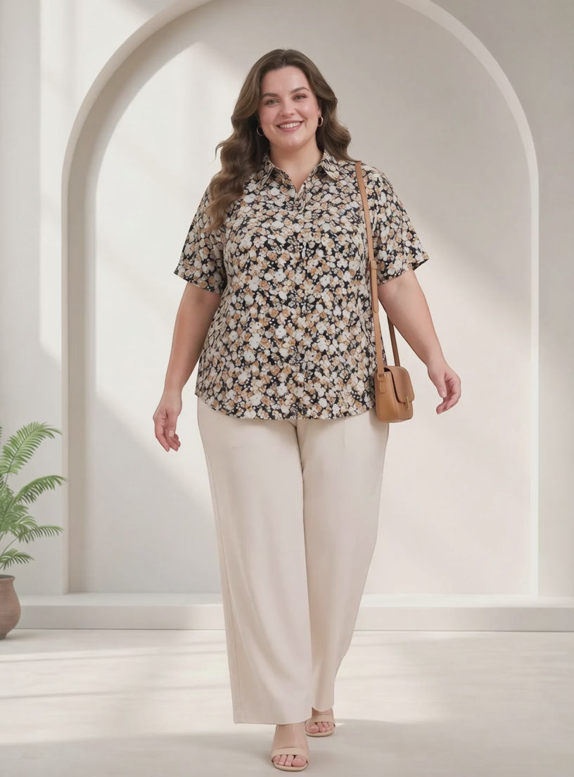 Plus Size Multicolor Floral Print Cotton Shirt